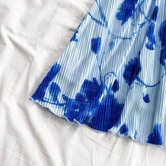 Blue Boho Women's Vacation Tie Dye Floral Print A-Line Bow Tie Mini Dress - Picture 5 of 5